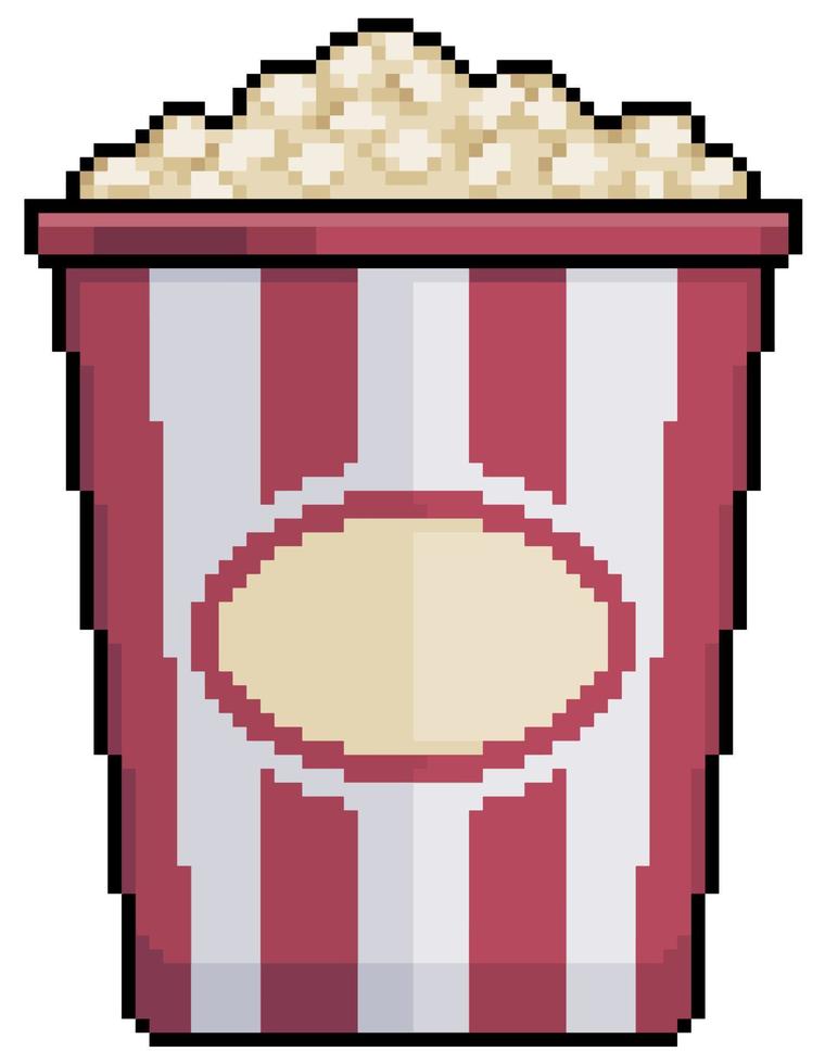 Pixel art popcorn bucket vector icon for 8bit game on white background