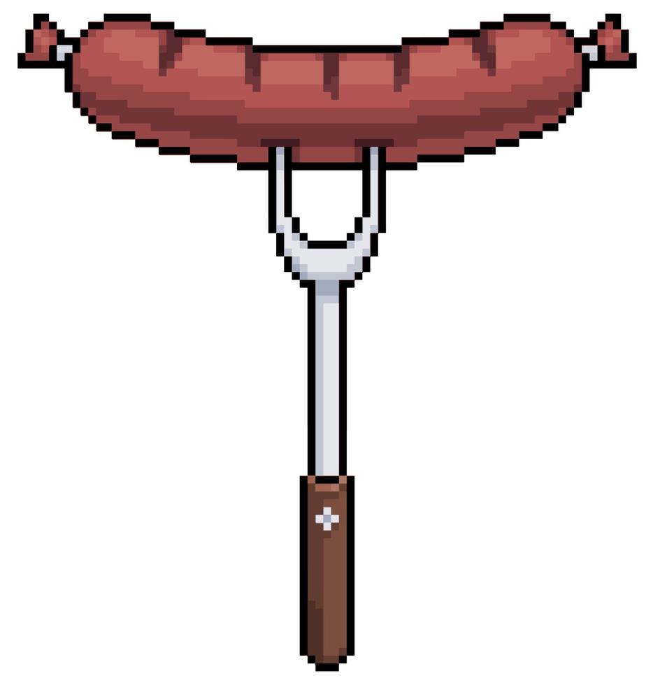 Pixel art grilled sausage on fork vector icon for 8bit game on white background