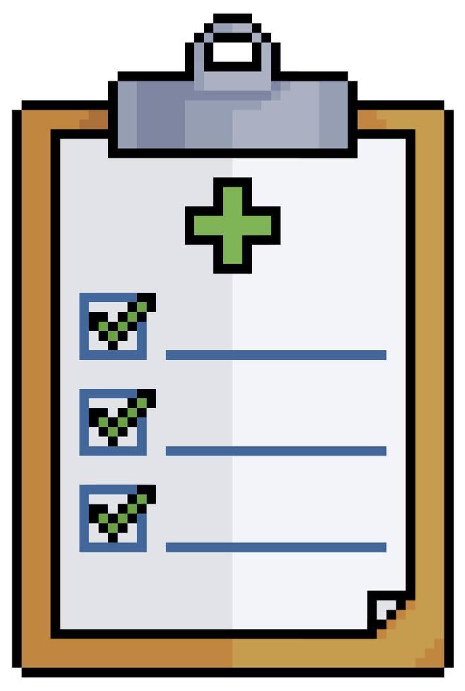 Pixel art medical clipboard, hospital information clipboard vector icon for 8bit game on white background