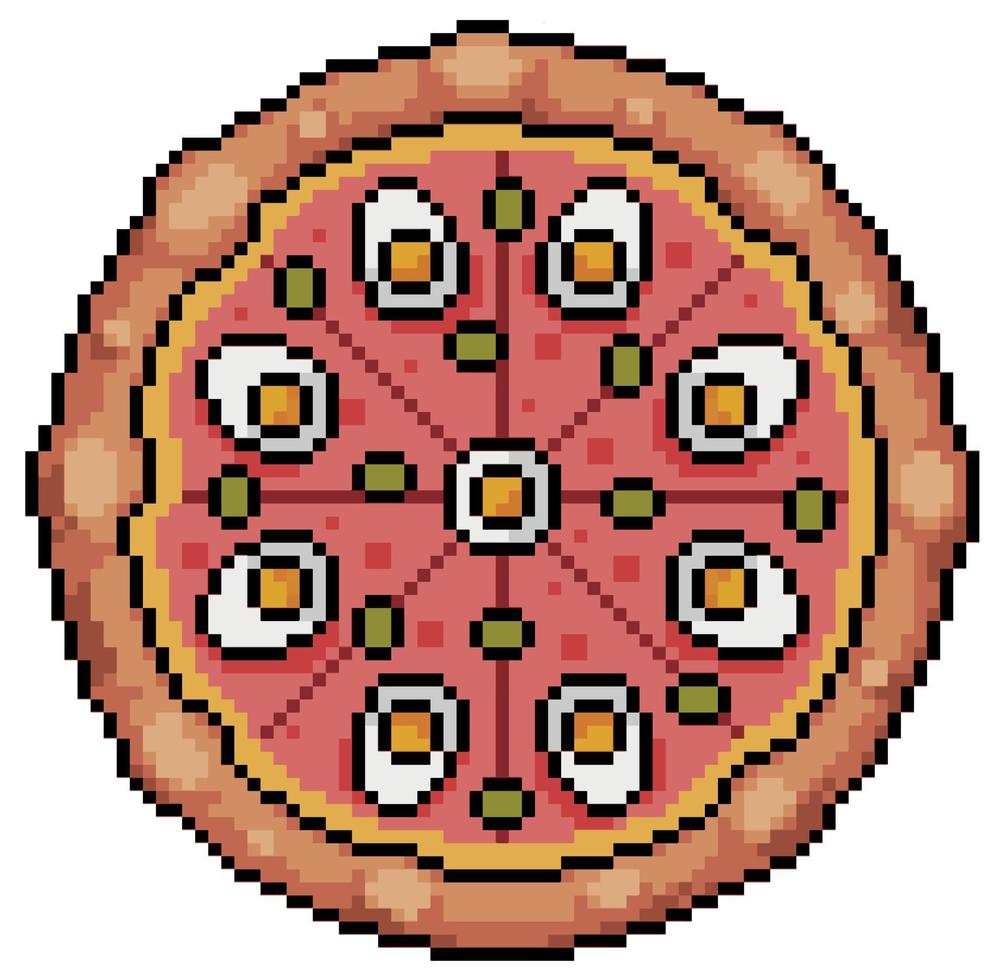 pizza portuguesa de pixel art con huevo, jamón y aceitunas icono de juego de 8 bits sobre fondo blanco vector