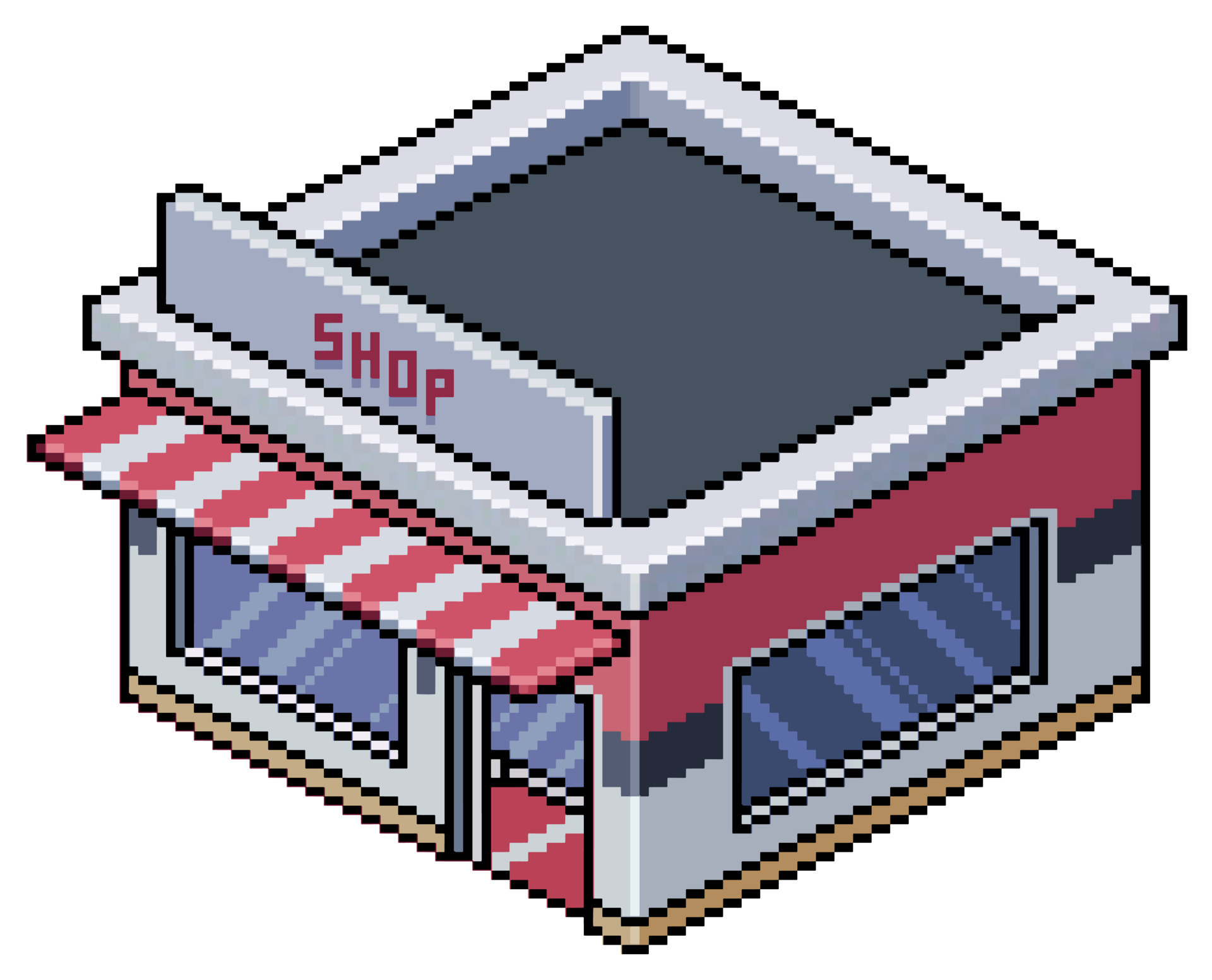 Pixel art isometric store shop in the city vector for 8 bit game