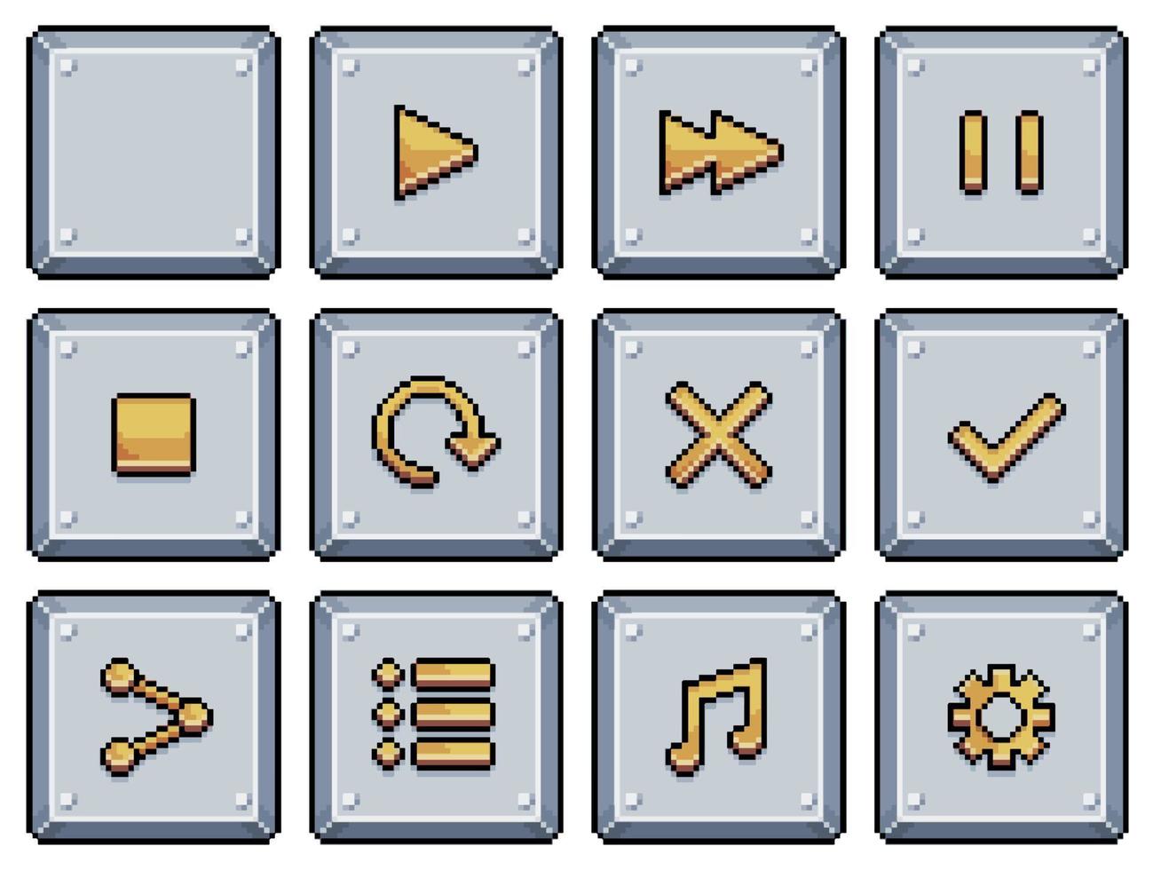 botones de estilo metálico de arte de píxeles para el icono de vector de interfaz de juego y aplicación para juego de 8 bits sobre fondo blanco