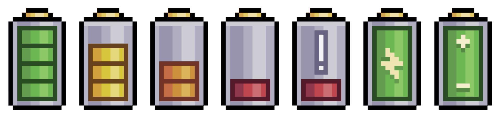 Pixel art battery charged and discharged icons for mobile vector icon for 8bit game on white background