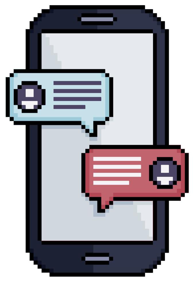 Pixel art mobile phone with messaging chat vector icon for 8bit game on white background