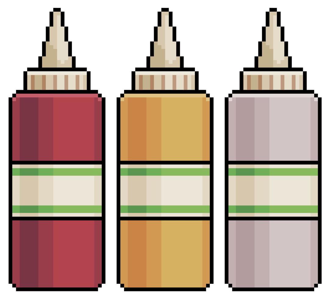 Pixel art jar of ketchup, mustard and mayonnaise vector icon for 8bit game on white background