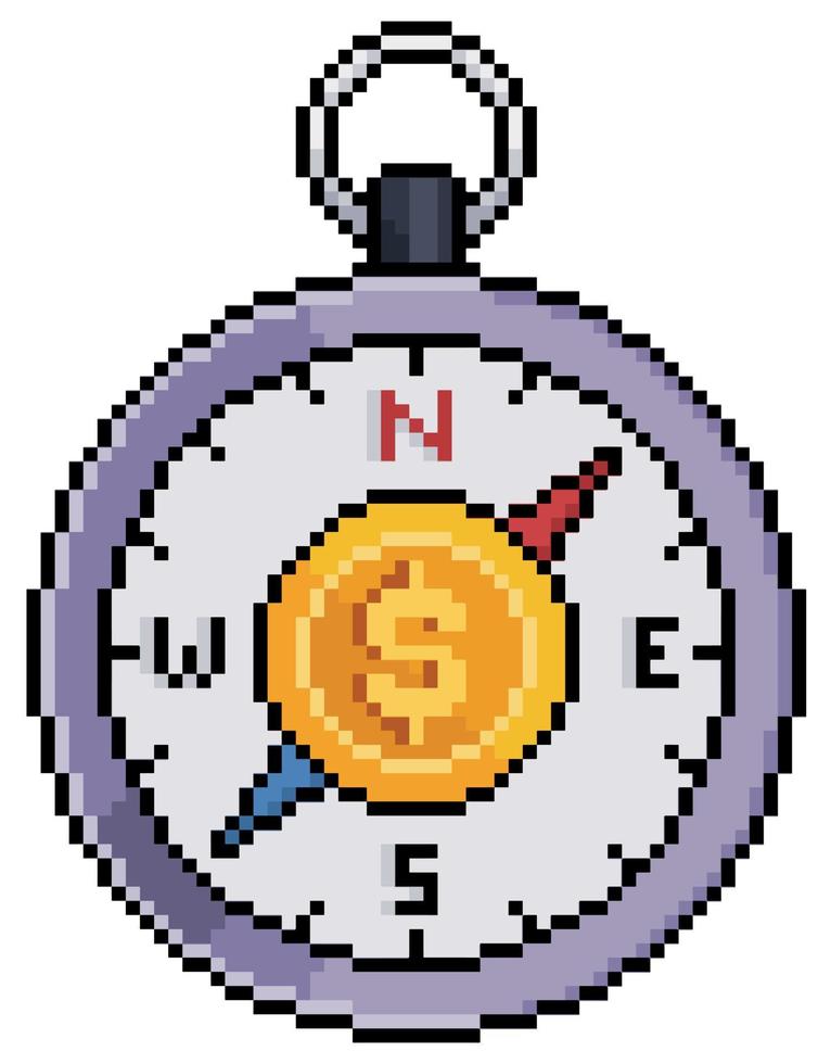 Pixel art investment direction. compass with coin vector icon for 8bit game on white background