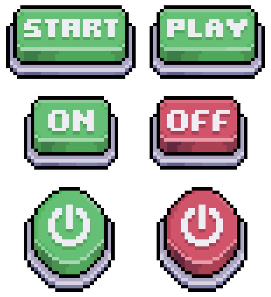 Pixel art game buttons, start, play, on, off icon for 8bit game on white background vector