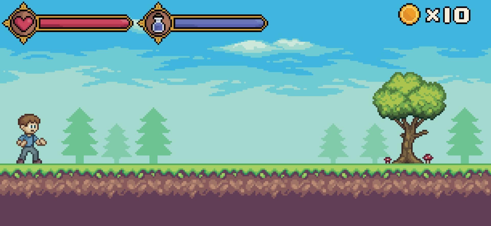 Pixel art game scene with character, life bar and mana, tree, cloud vector background for 8bit game