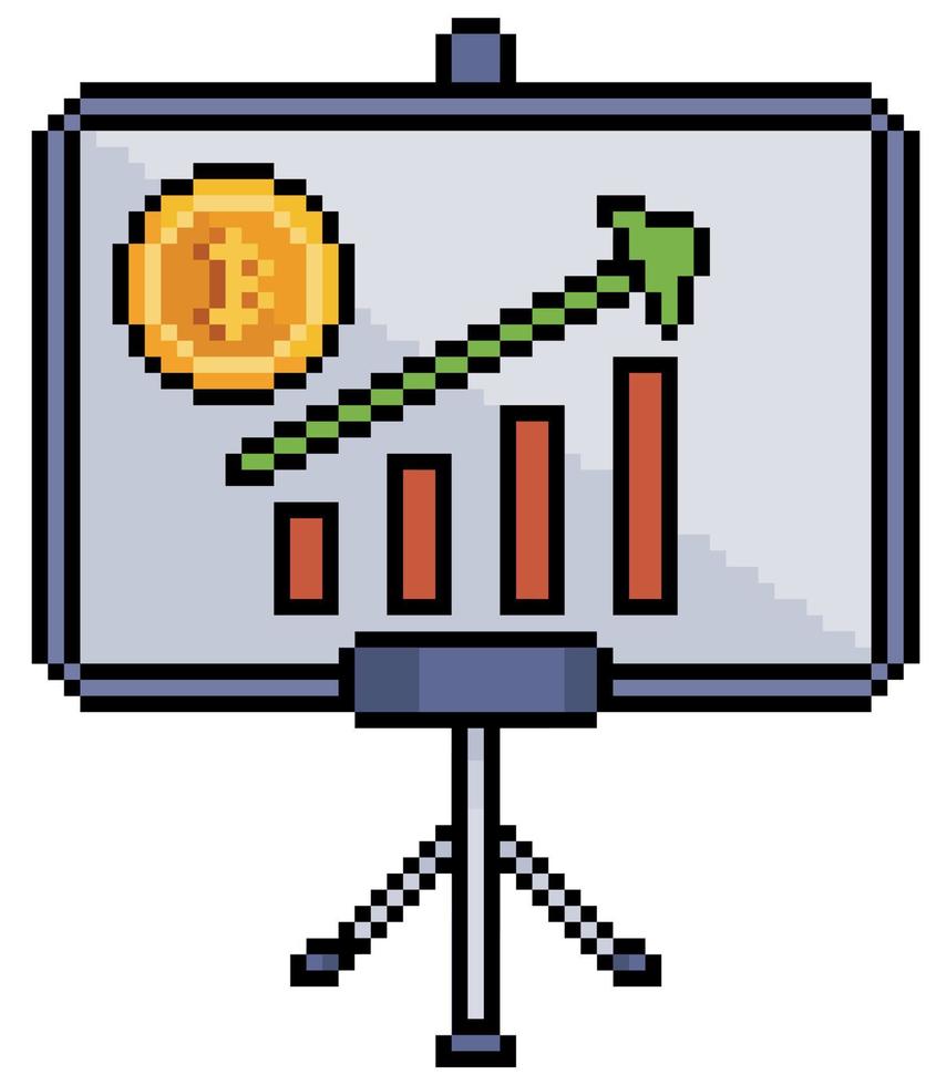 tablero de arte de píxeles con gráfico de bitcoin. Análisis de precios de criptomonedas. banner de presentación de finanzas. vector de 8 bits sobre fondo blanco