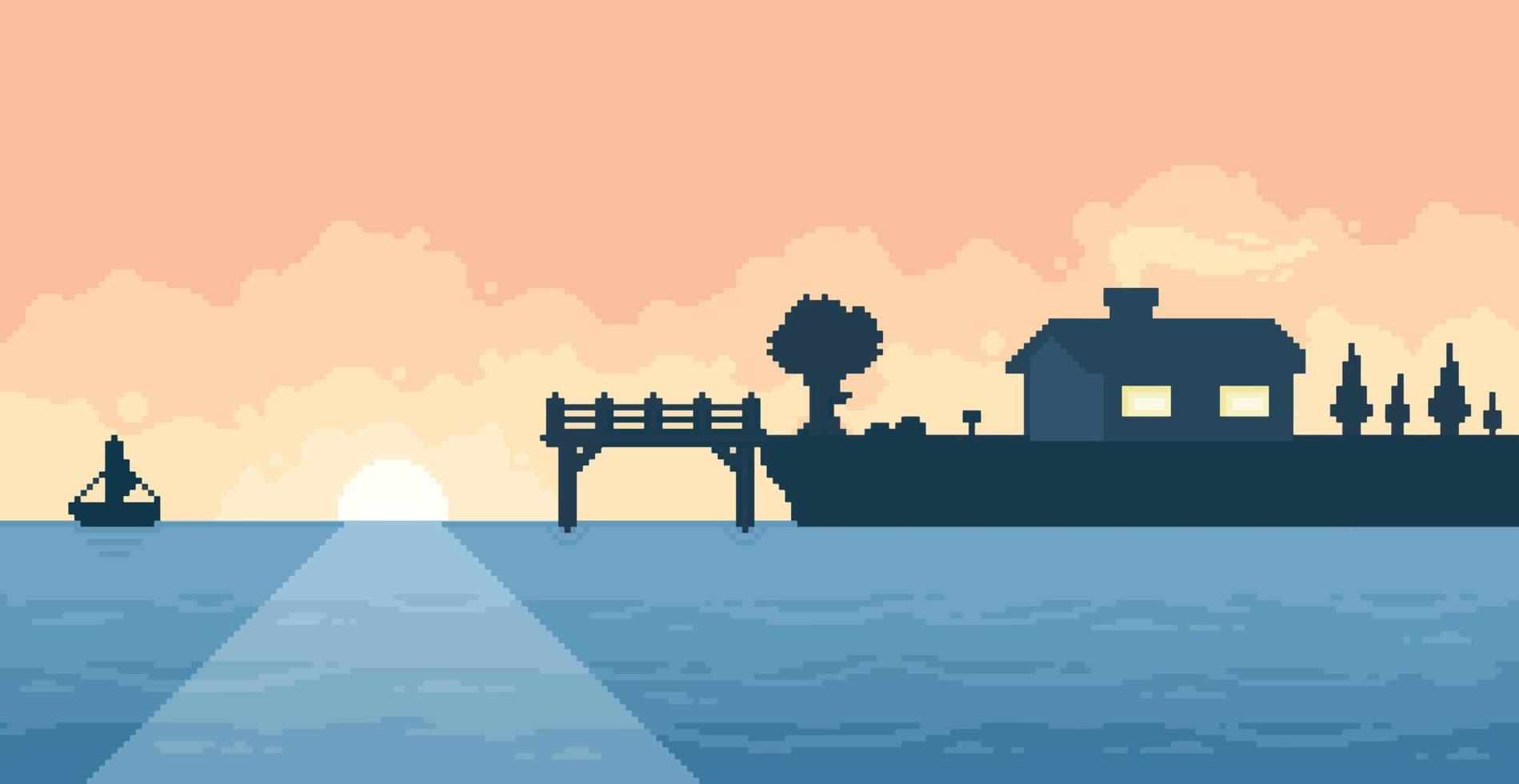 Pixel art lake house wallpaper with wooden deck and trees 8bit minimalist landscape background vector