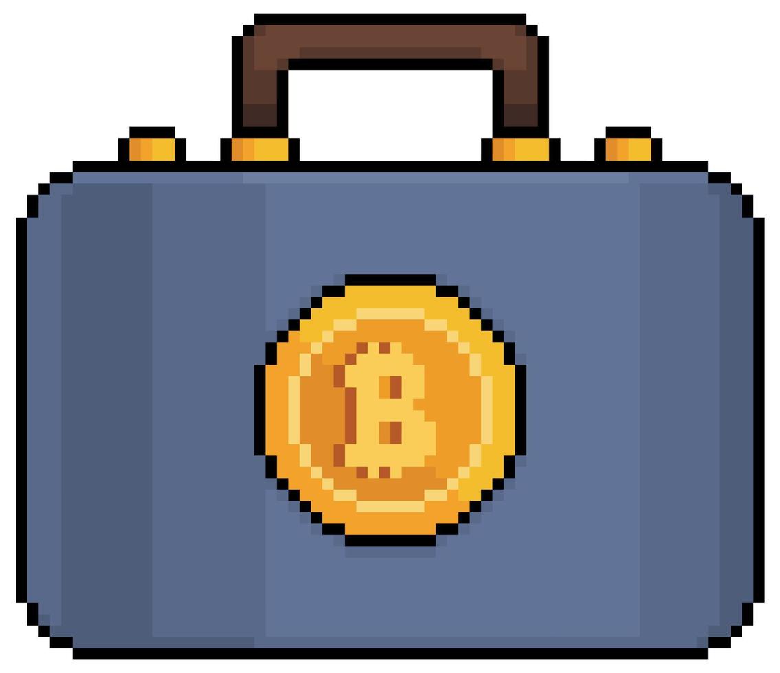 Pixel art suitcase with bitcoins Investment in cryptocurrencies vector icon for 8bit game on white background