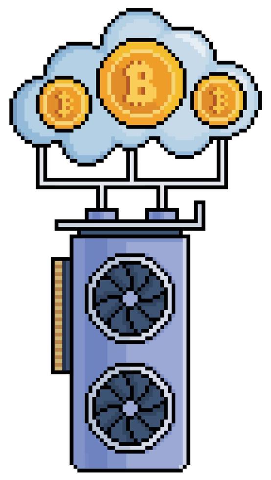 minería de criptomonedas en la nube de pixel art. minería con icono de vector de tarjeta de video para juego de 8 bits sobre fondo blanco