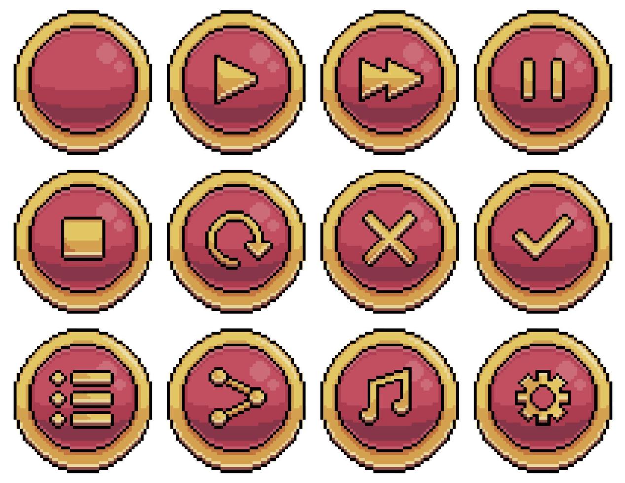 Pixel art round buttons for game interface vector icon for 8bit game on white background