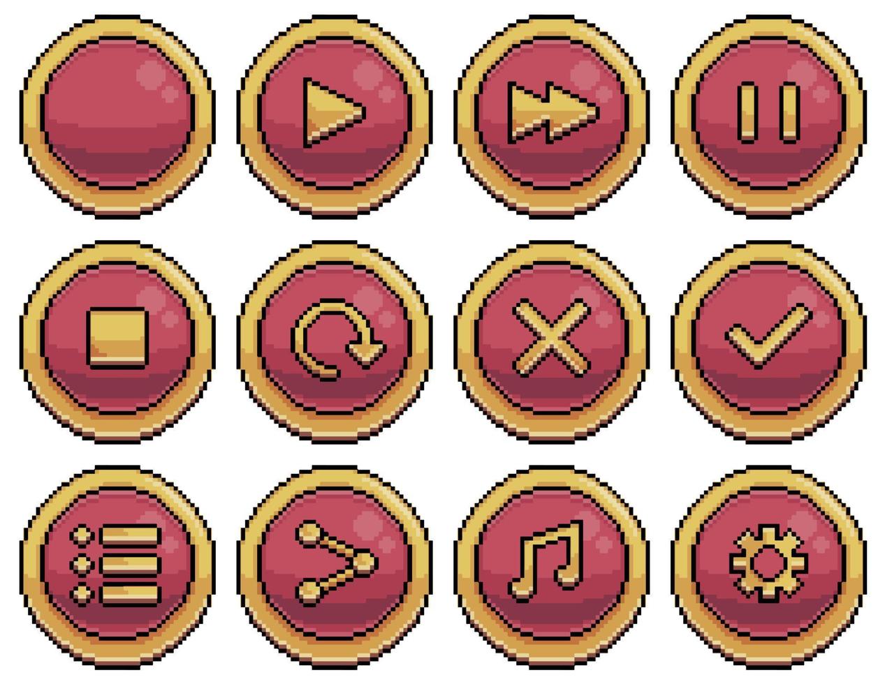 Pixel art round buttons for game interface vector icon for 8bit game on white background