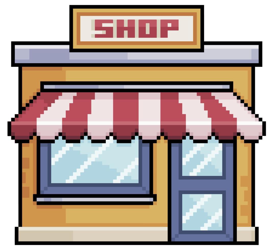 Pixel art shop store with red awning vector build for 8bit game on white background