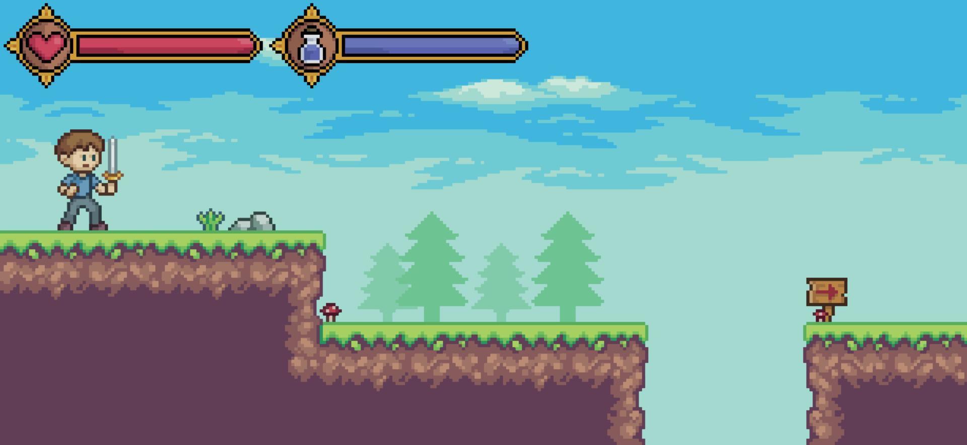 Pixel art game scene with character, life bar and mana vector