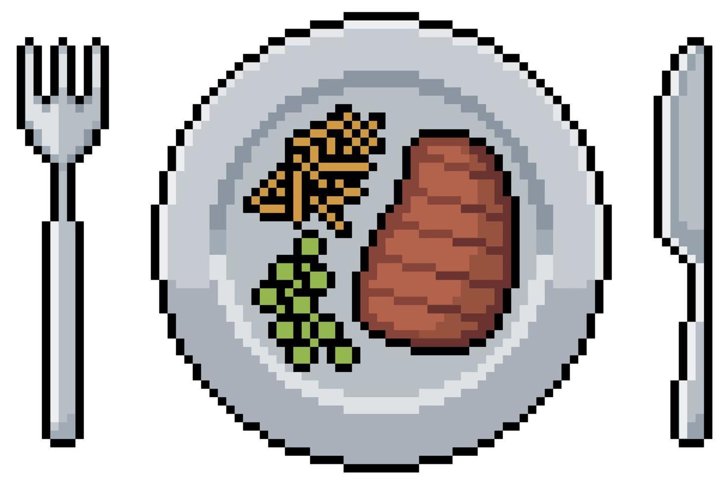 comida de pixel art con bistec, papas fritas y guisantes. plato, tenedor y cuchillo. elemento de juego de 8 bits vector