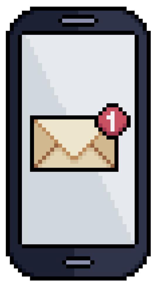 Pixel art mobile phone with email notification vector icon for 8bit ...