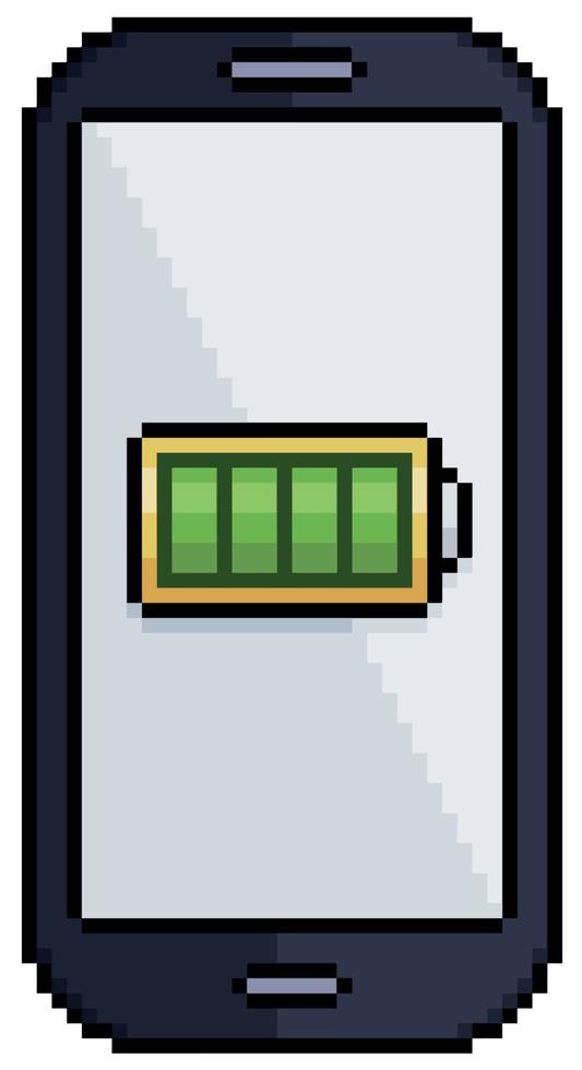 teléfono celular de pixel art con icono de batería cargada icono de vector para juego de 8 bits sobre fondo blanco