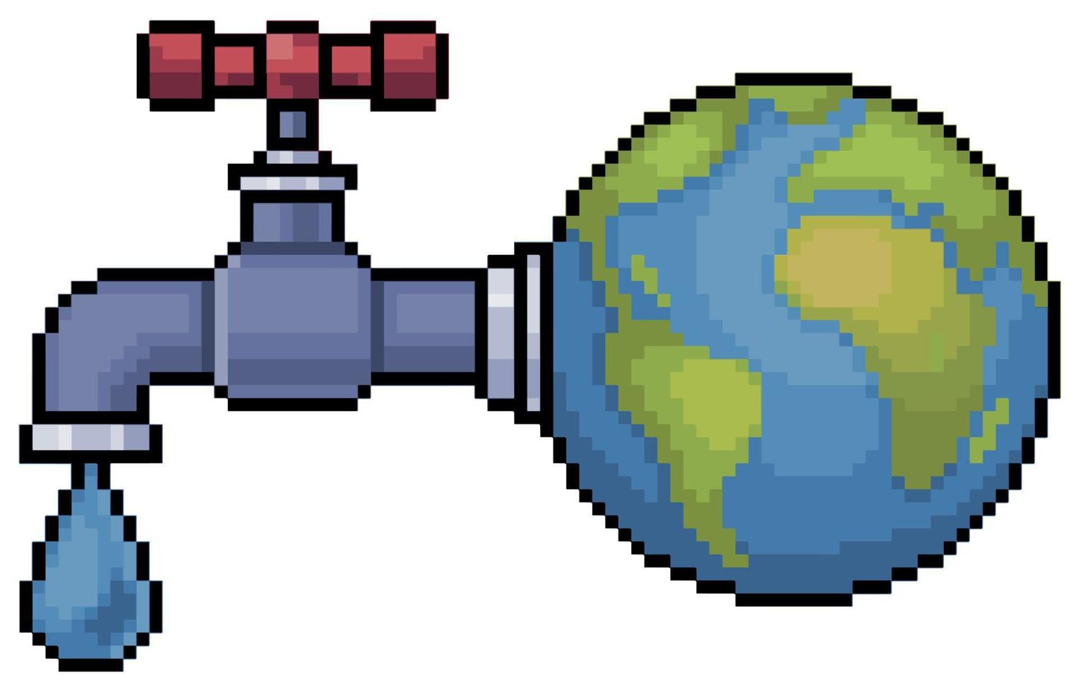 Pixel art earth with faucet running water. Environmental Day vector icon for 8bit game on white background