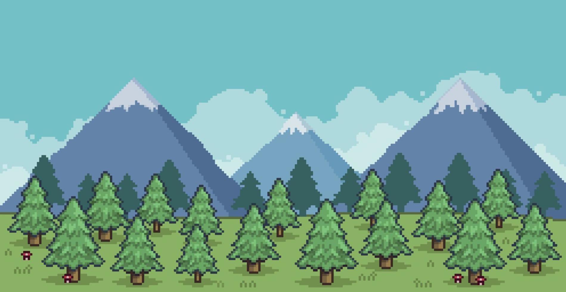 Pixel art landscape of pine forest in the mountains 8 bit vector background