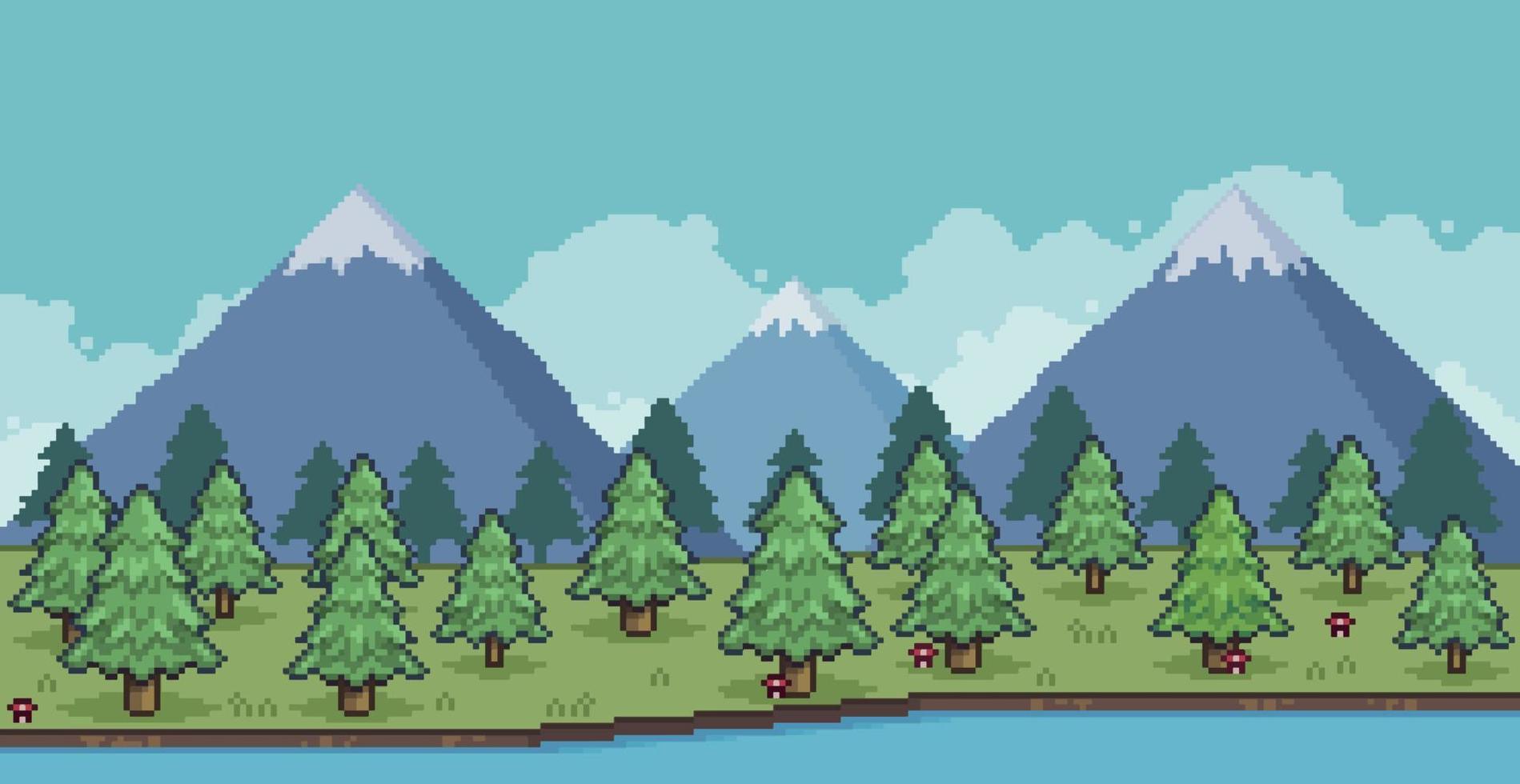 Pixel art landscape of pine forest in the mountains with lake and clouds 8 bit game background vector