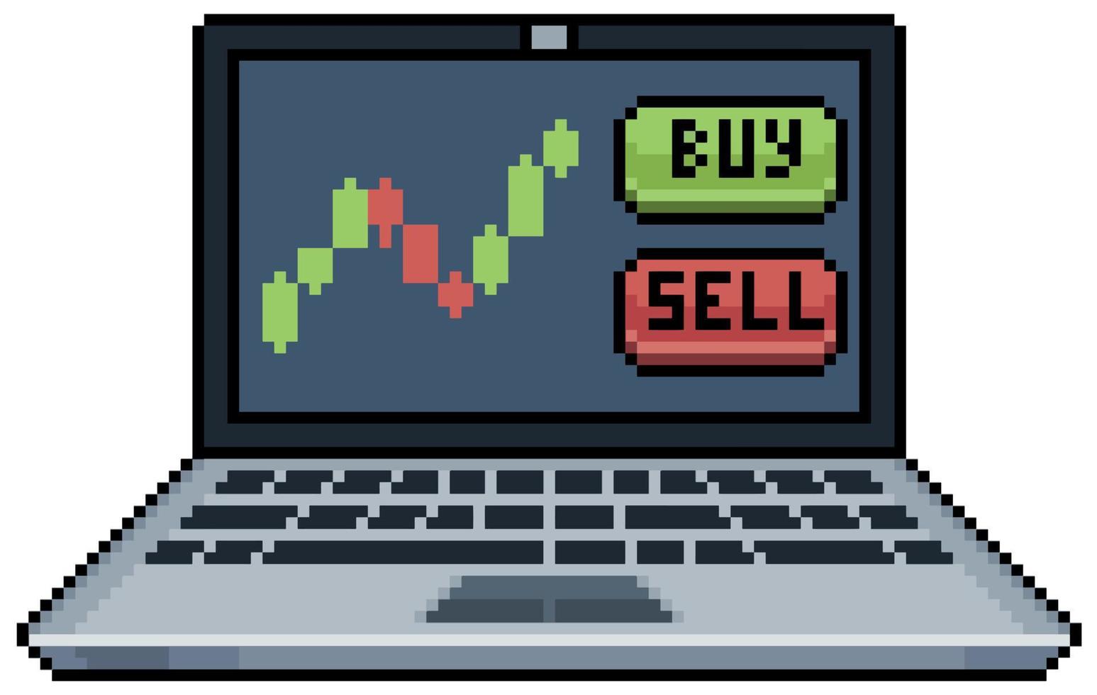 Pixel art day trade on notebook, financial market analysis vector icon for 8bit game on white background