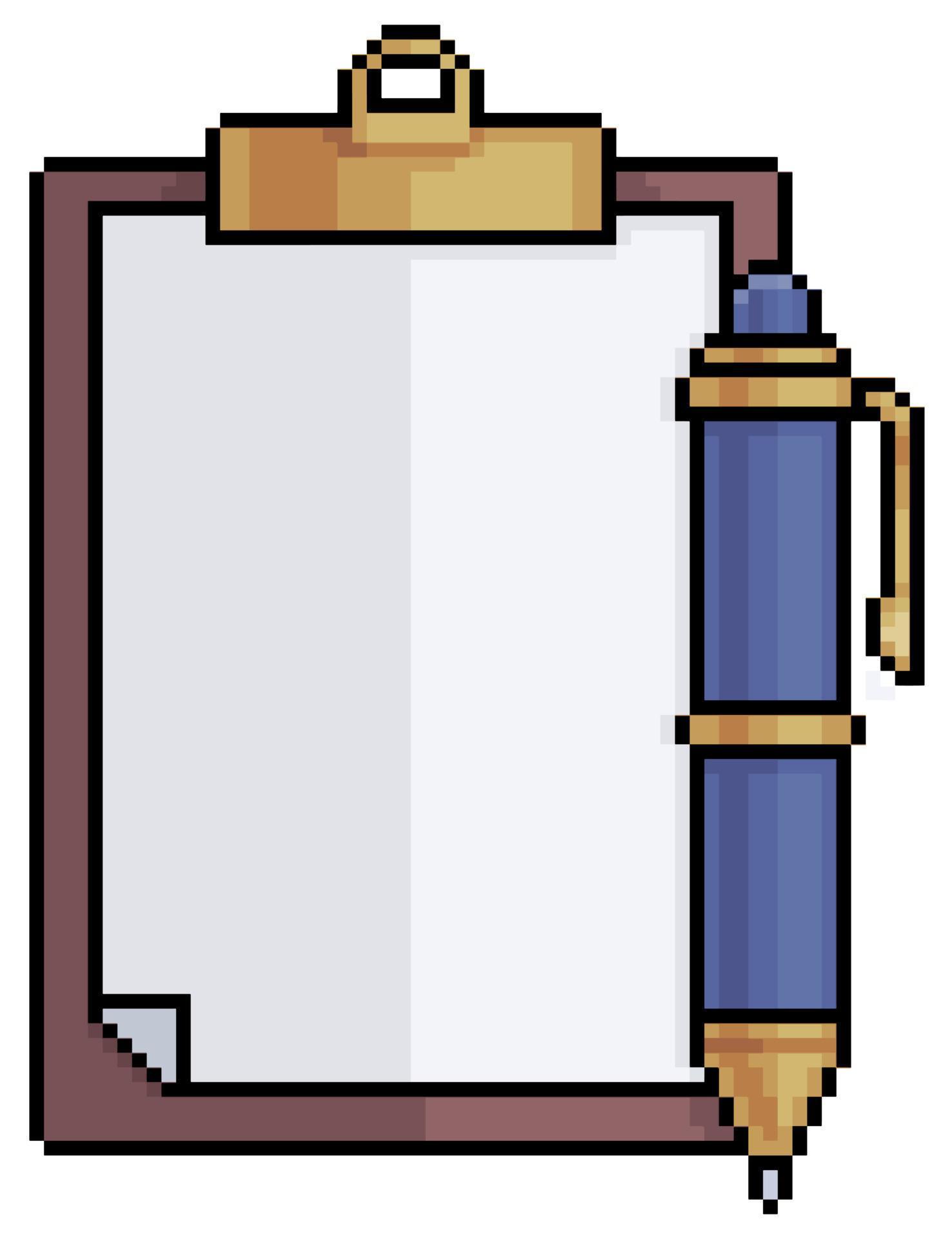 Pixel art clipboard and pen vector icon for 8bit game on white