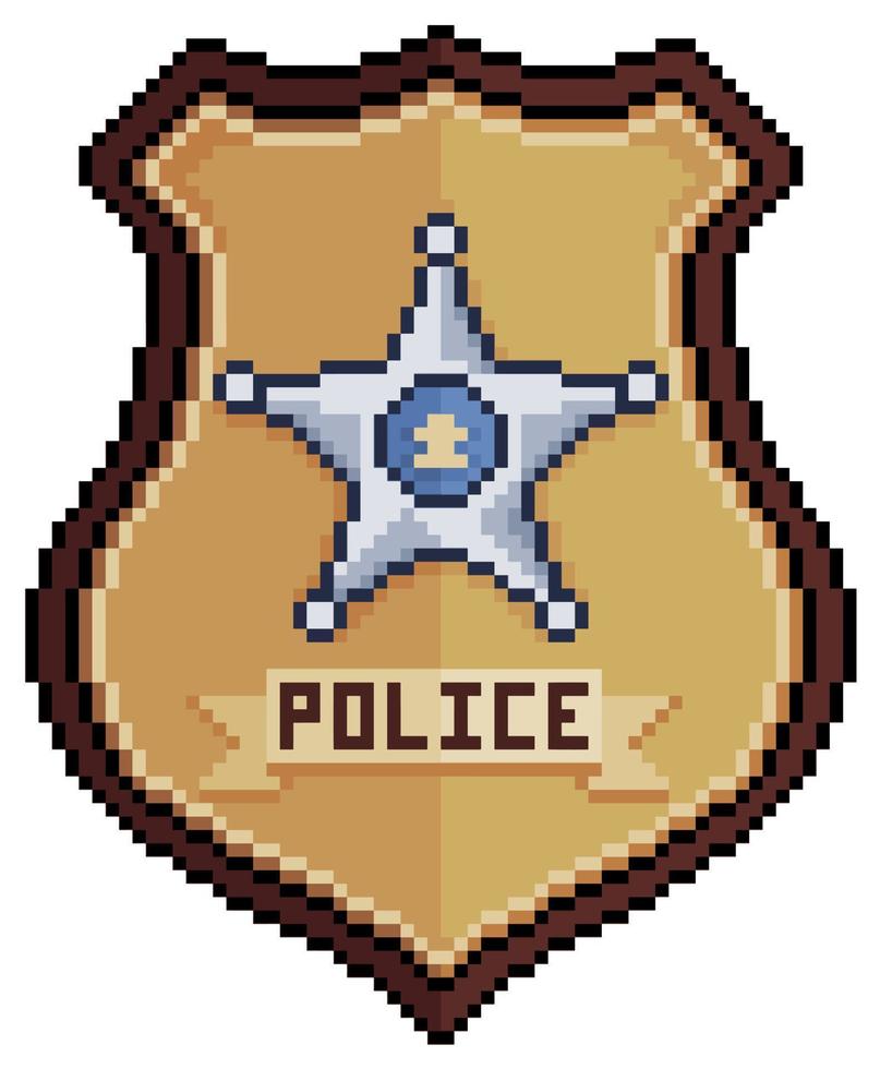 Pixel art police badge. Police department vector icon for 8bit game on white background