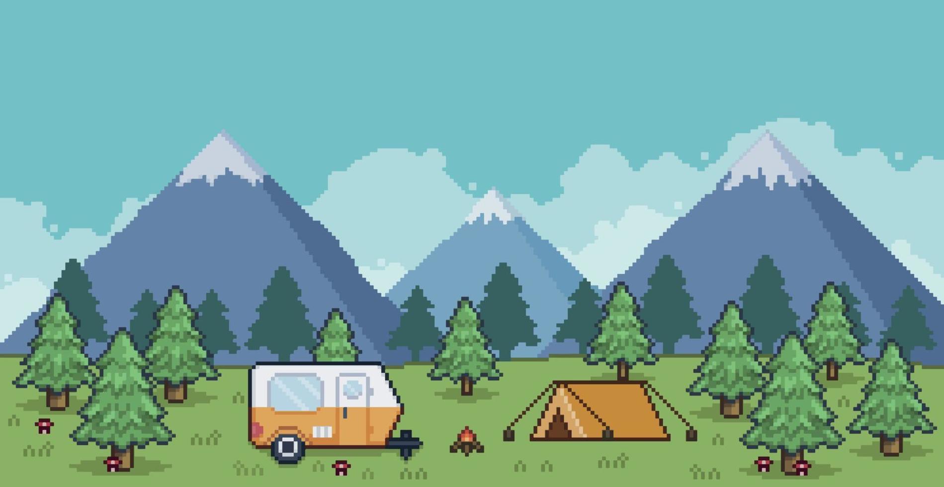 paisaje de camping de pixel art con carpa, remolque, fogata, pinos y montañas fondo de 8 bits vector