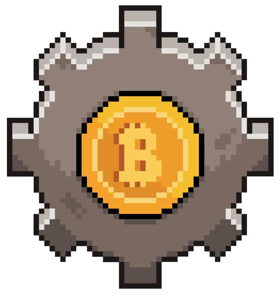 Pixel art bitcoin gear vector icon for 8bit game on white background