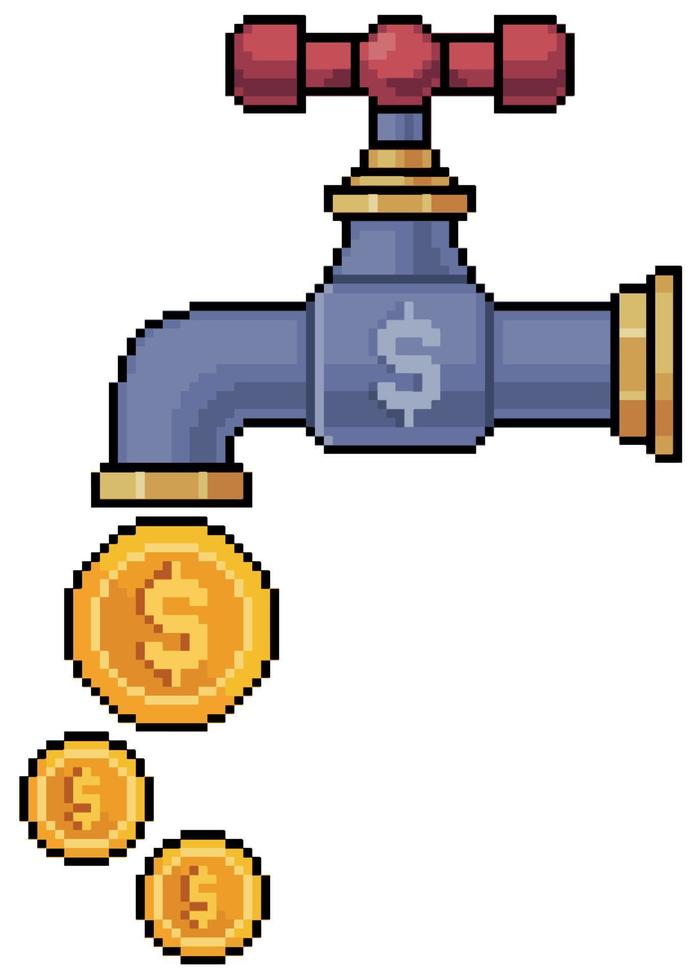 Pixel art money faucet vector icon for 8bit game on white background