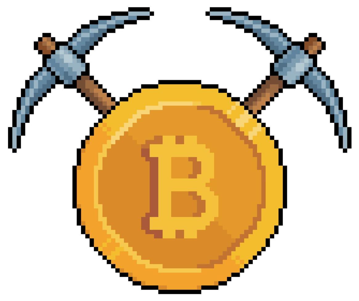 pixel art bitcoin y picos, icono de vector de criptomonedas mineras para juego de 8 bits sobre fondo blanco