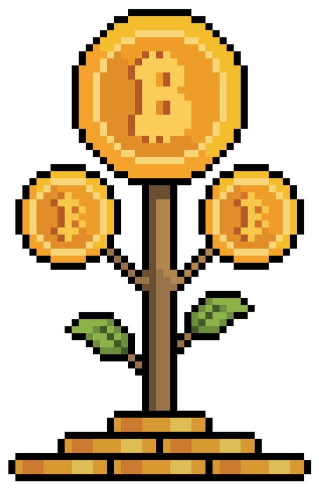 Pixel art bitcoin plant investment in cryptocurrencies vector icon for 8bit game on white background