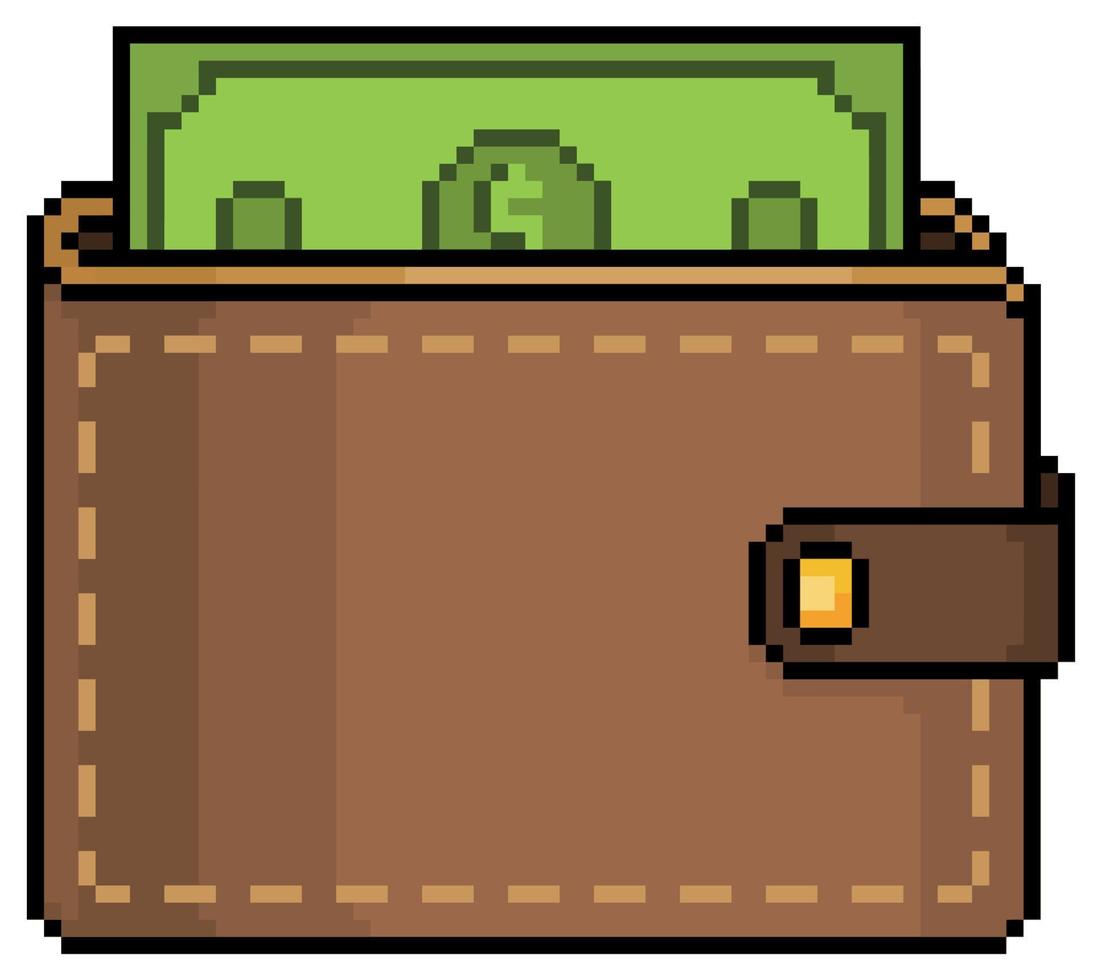 Pixel art wallet with money bills icon vector icon for 8bit game on white background