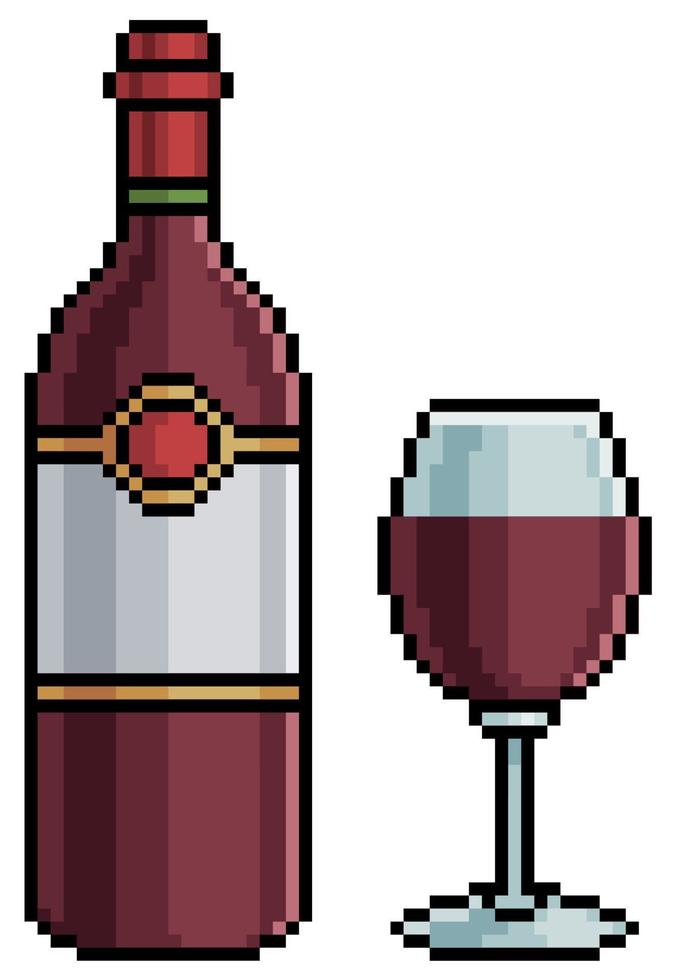 Pixel art wine bottle and glass. Alcoholic drink 8bit game item on white background vector