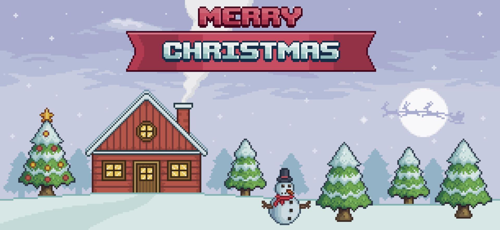 Pixel art christmas landscape with house, christmas tree, pine, snowman, Santa Claus 8 bit vector background
