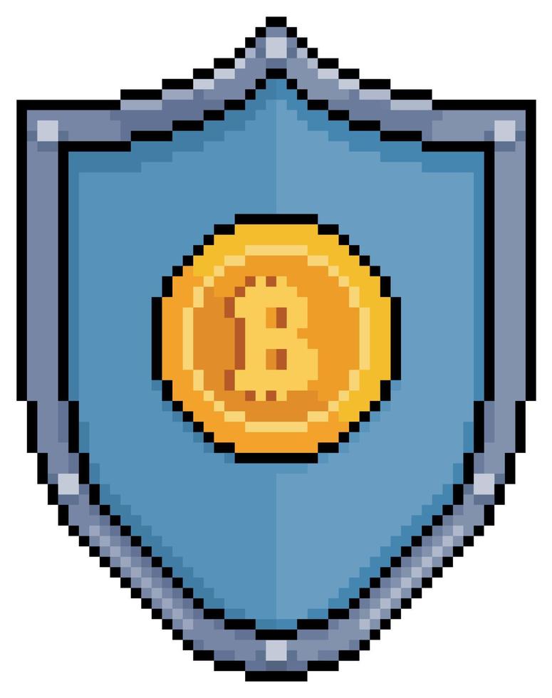 Pixel art shield bitcoin. Security in cryptocurrencies vector icon for 8bit game on white background