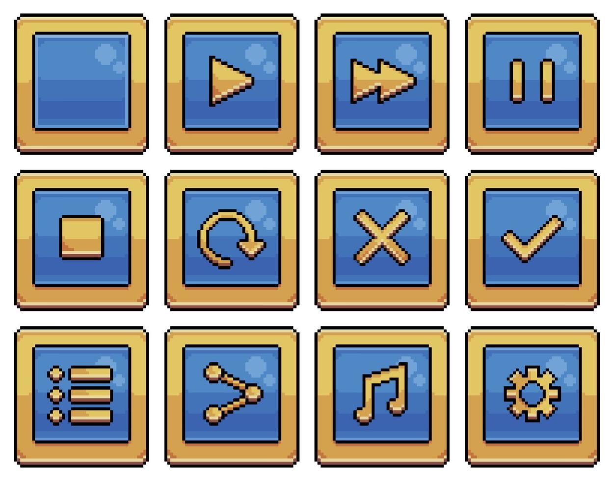 botones cuadrados azules de pixel art para la interfaz del juego y el icono de vector de aplicaciones para el juego de 8 bits sobre fondo blanco