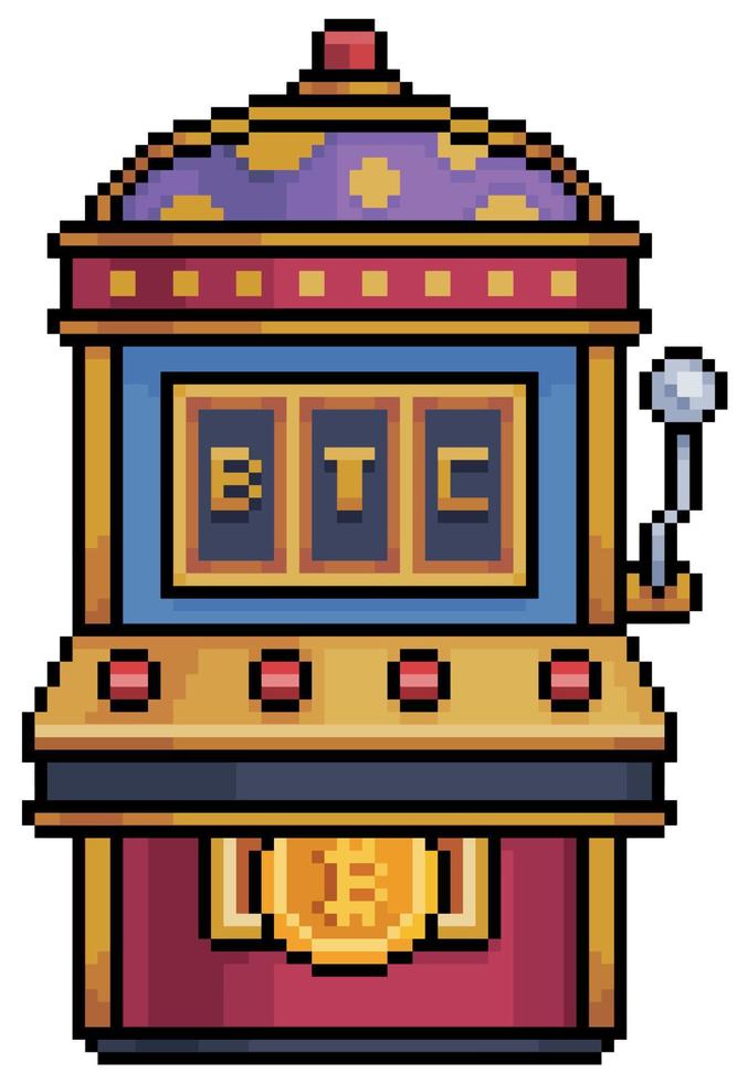 Pixel art bitcoin slot machine. Bet on cryptocurrencies vector icon for 8bit game on white background