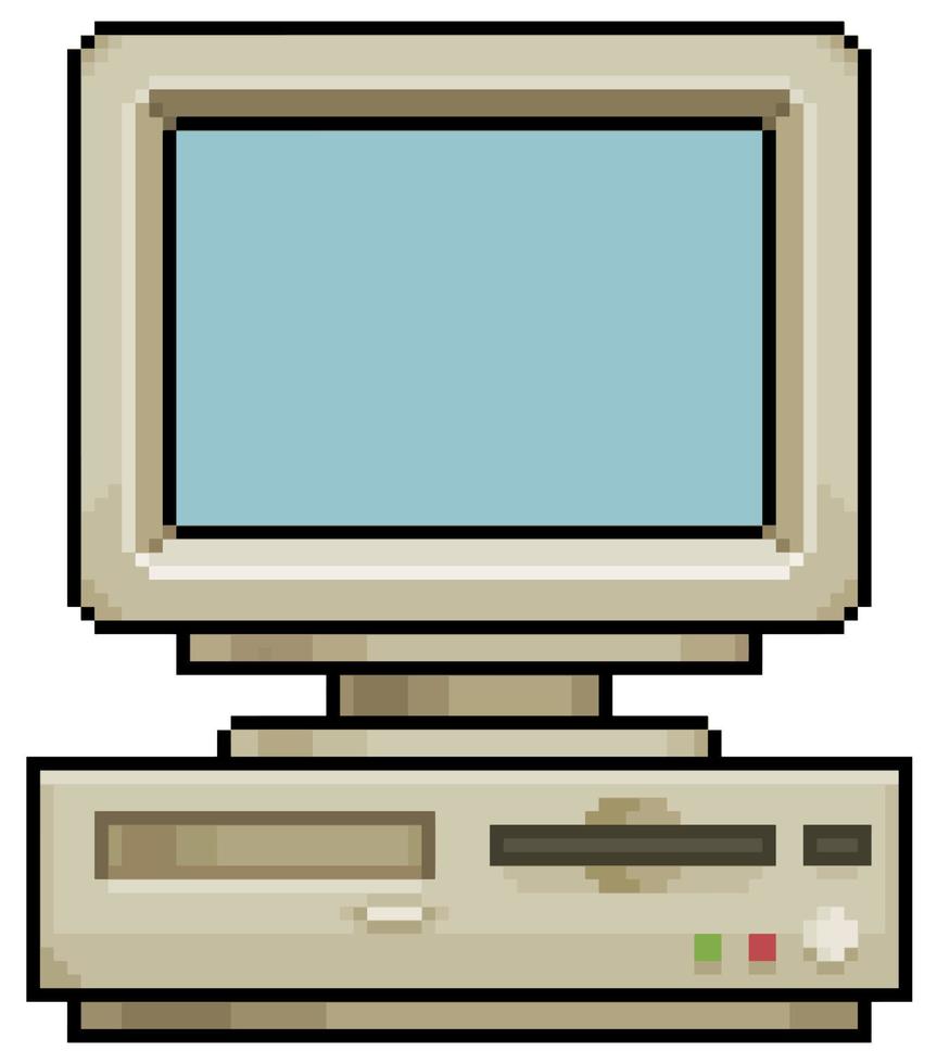 Pixel art old computer vector icon for 8bit game on white background