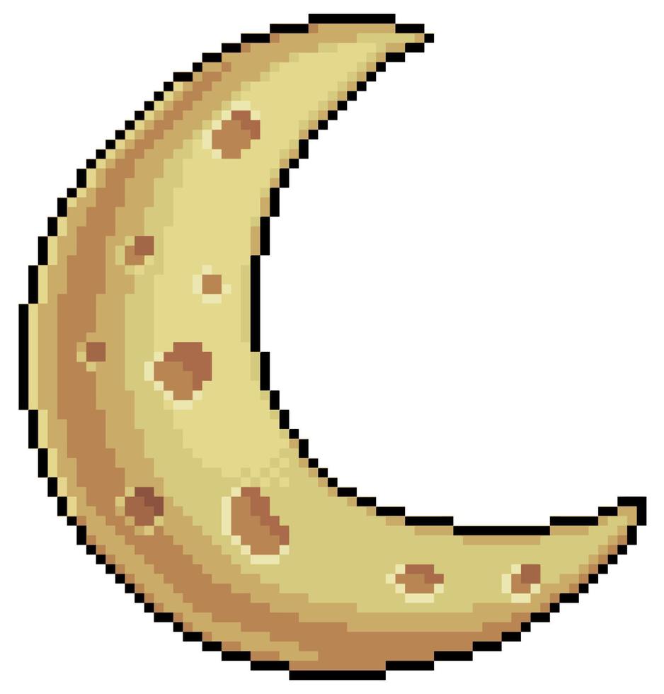 Pixel art moon Crescent moon vector icon for 8bit game on white background