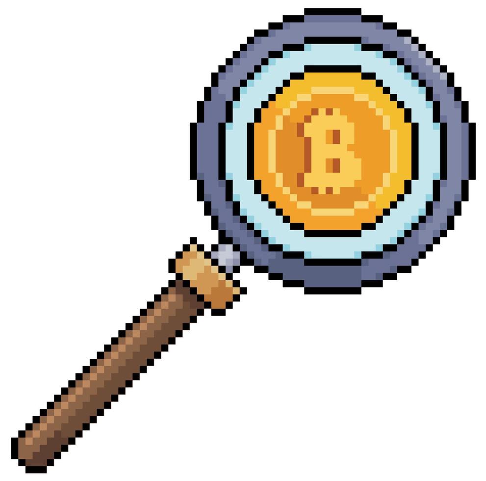 Pixel art magnifying glass analyzing bitcoin, investment in cryptocurrencies vector icon for 8bit game on white background