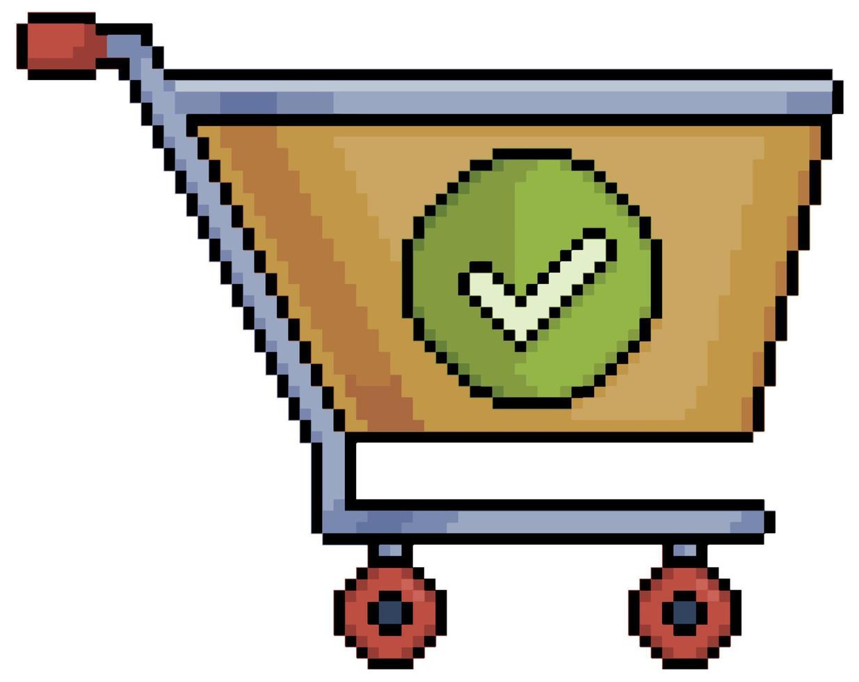 Pixel art shopping cart with checked symbol vector icon for 8bit game on white background