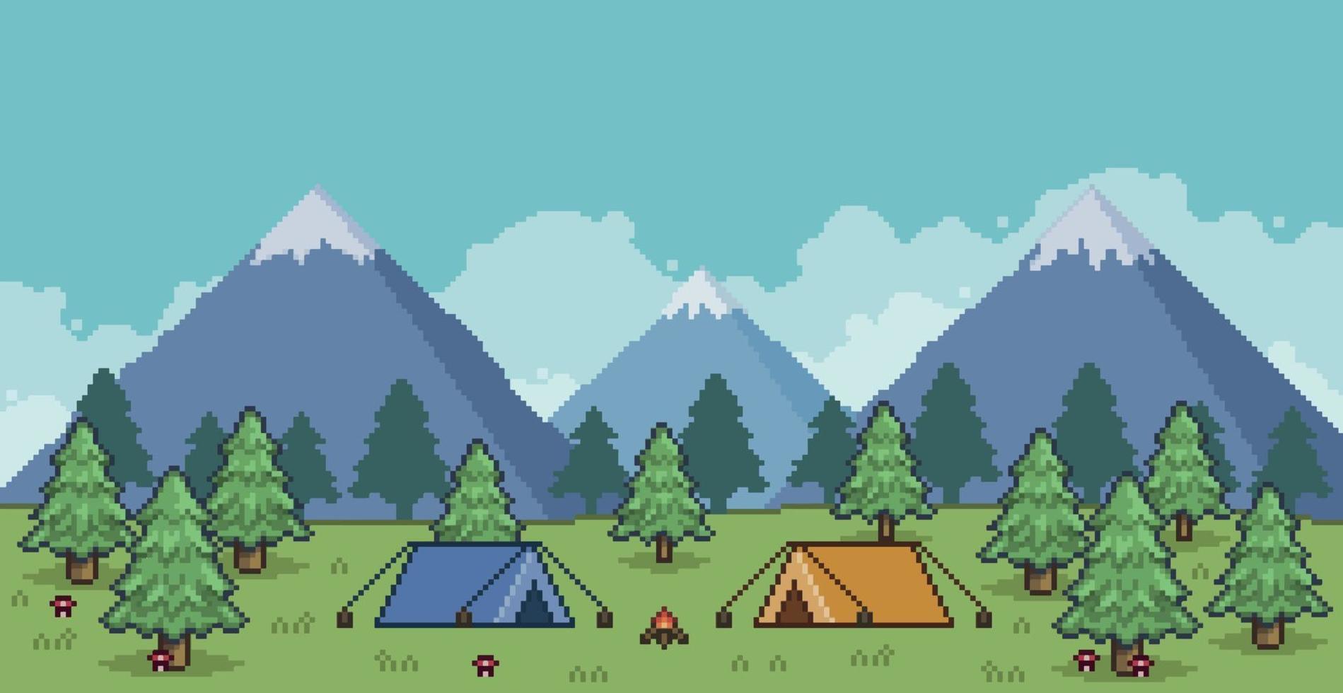 paisaje de camping de pixel art con carpa, fogata, pinos y montañas fondo de 8 bits vector