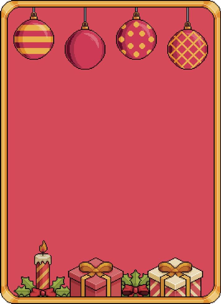 pixel art banner de fondo de navidad de 8 bits con campanas, bolas de navidad, regalo, velas vector