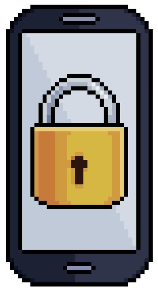 Pixel cell phone with padlock. secure cell phone vector icon for 8bit game on white background