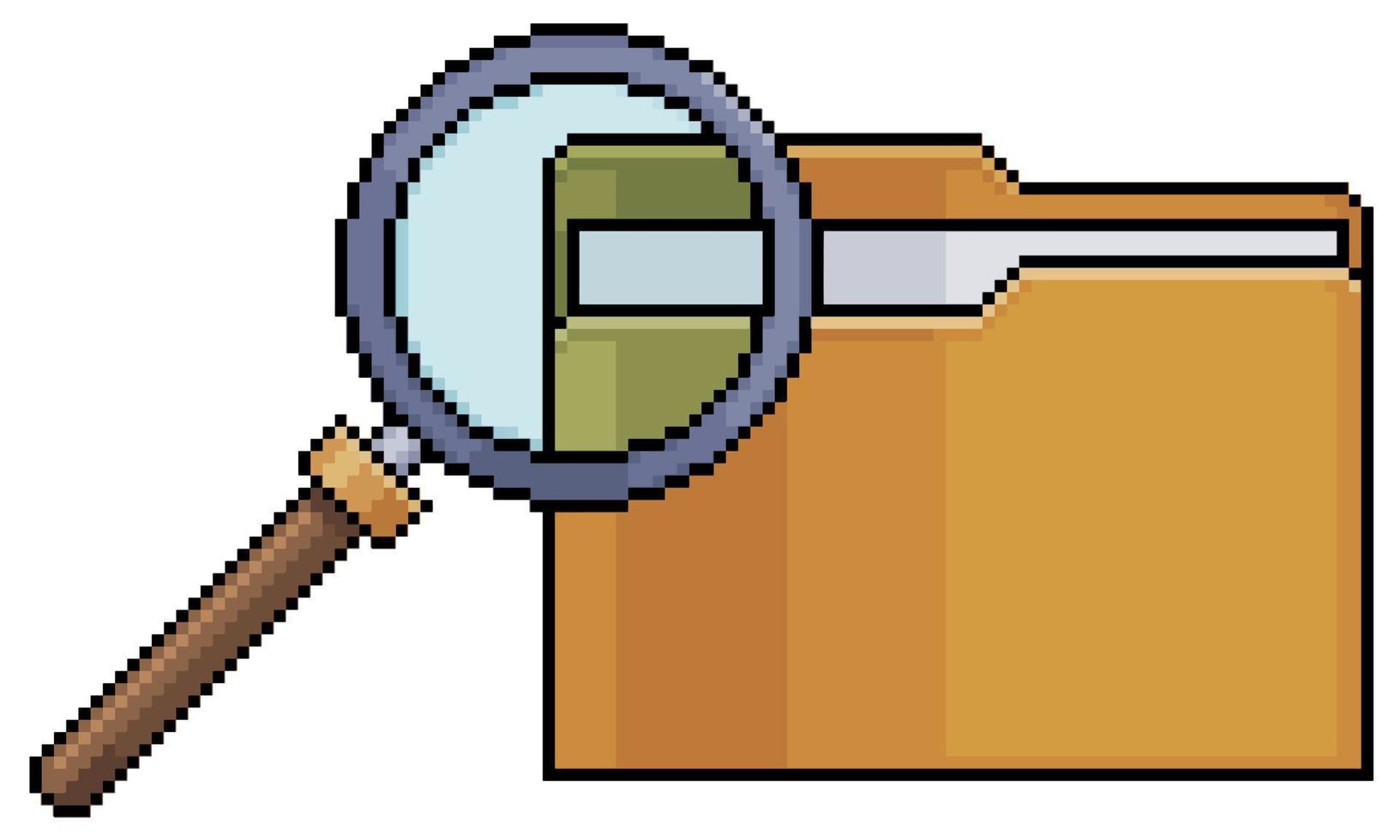 Pixel art magnifying glass analyzing document folder vector icon for 8bit game on white background