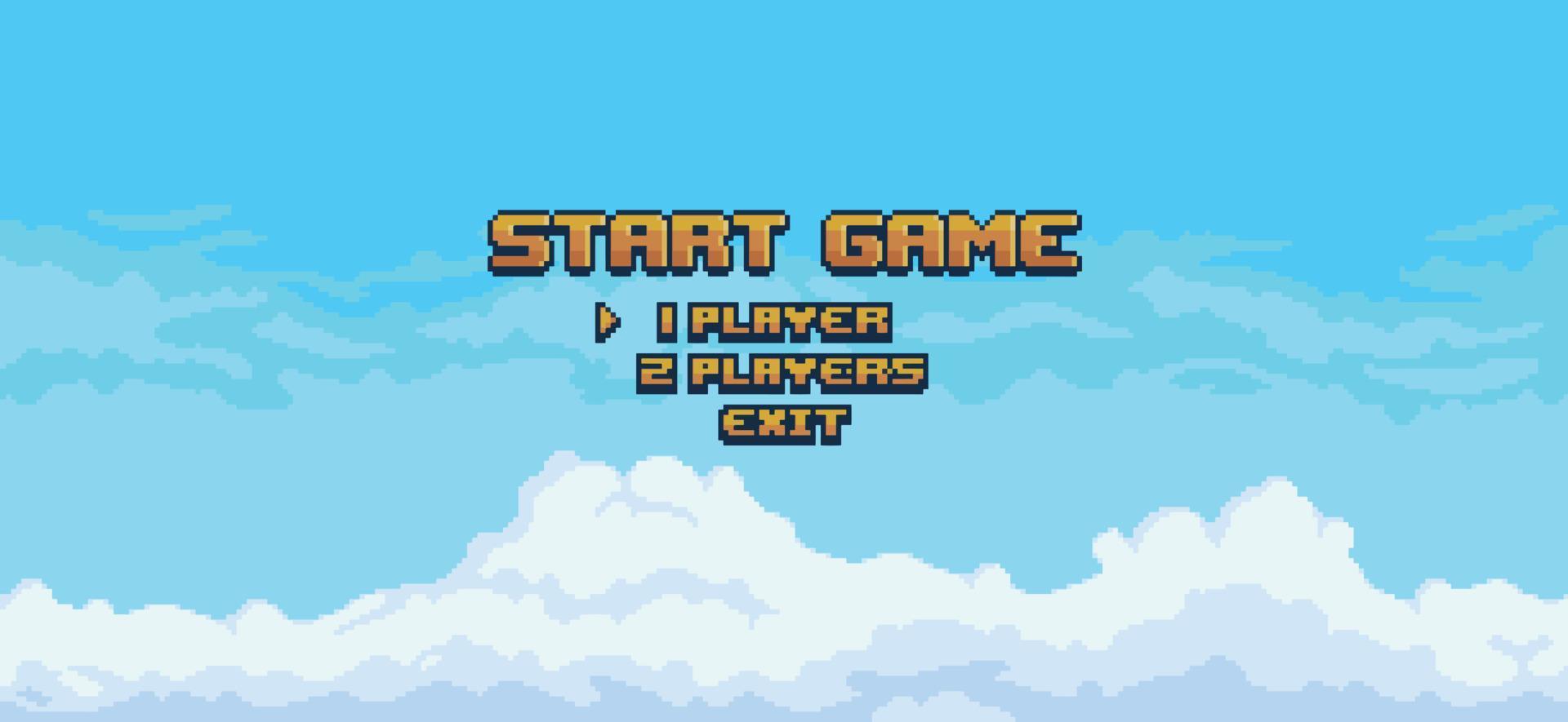 Pixel art game menu with sky and clouds background vector for 8bit game