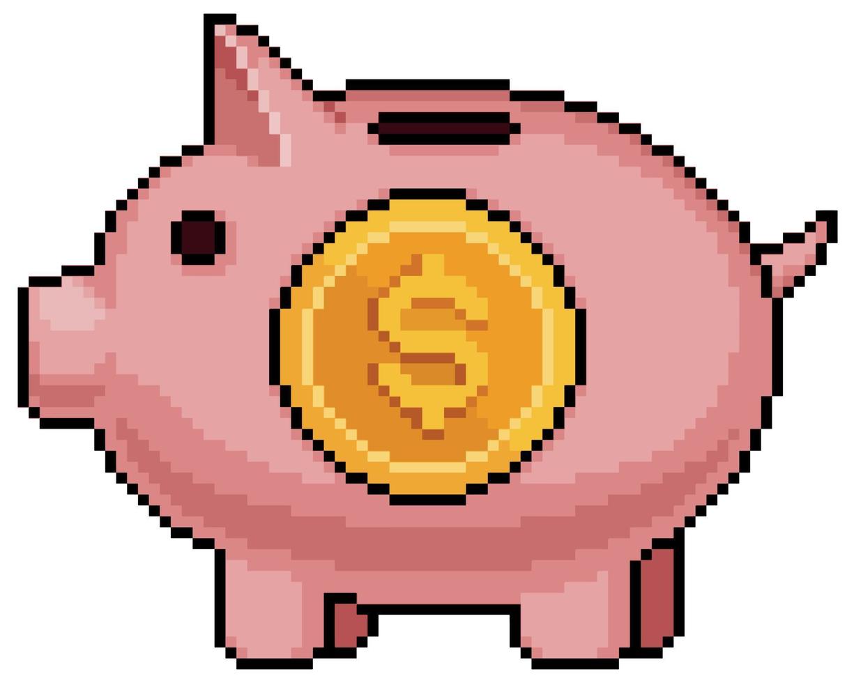 Pixel art piggy bank with coin vector icon for 8bit game on white background